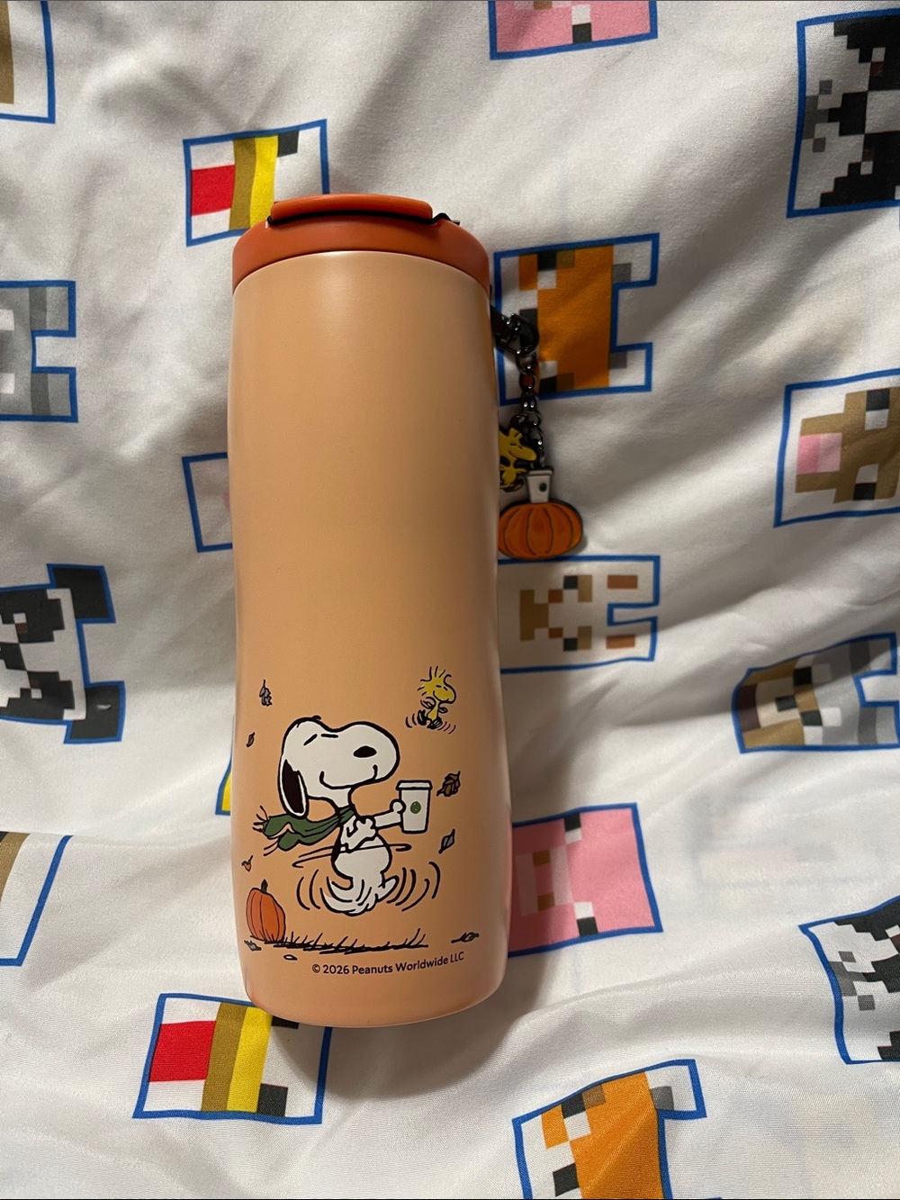 Starbucks x Peanuts Snoopy & Woodstock Peach Orange Travel Tumbler